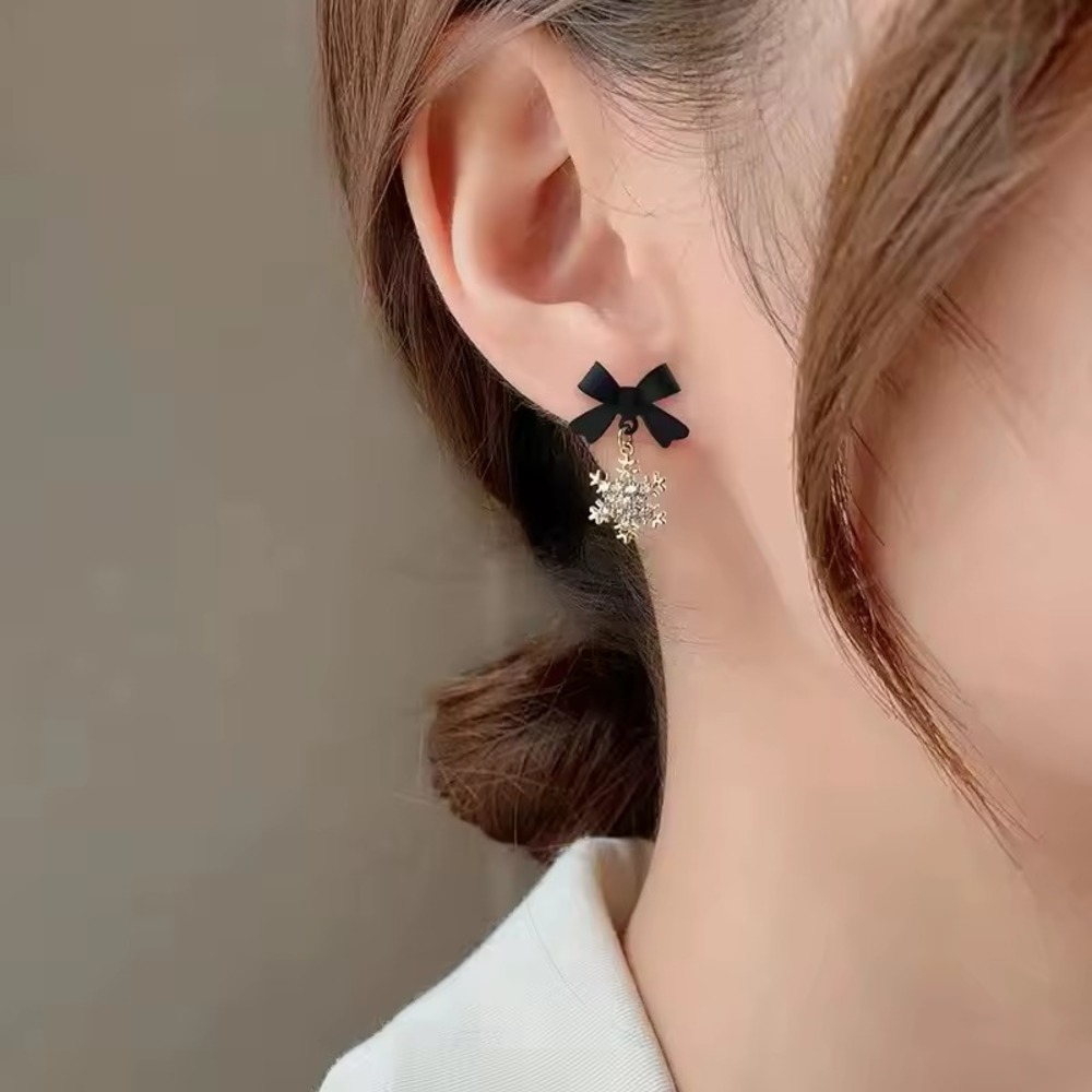 Black Bow Knot Snowflake Drop Earrings Christmas Santa Snowman Jewelry NWT